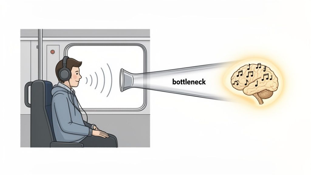 A visual metaphor of sound from headphones passing through a "bottleneck" to a brain full of music.