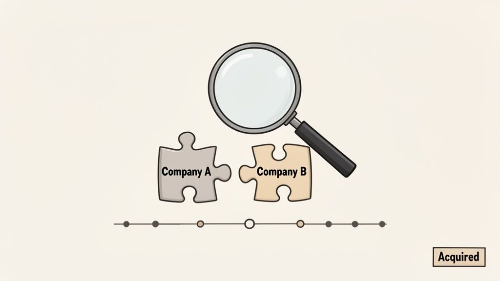 Magnifying glass inspecting Company A and Company B puzzle pieces, depicting a business acquisition process.