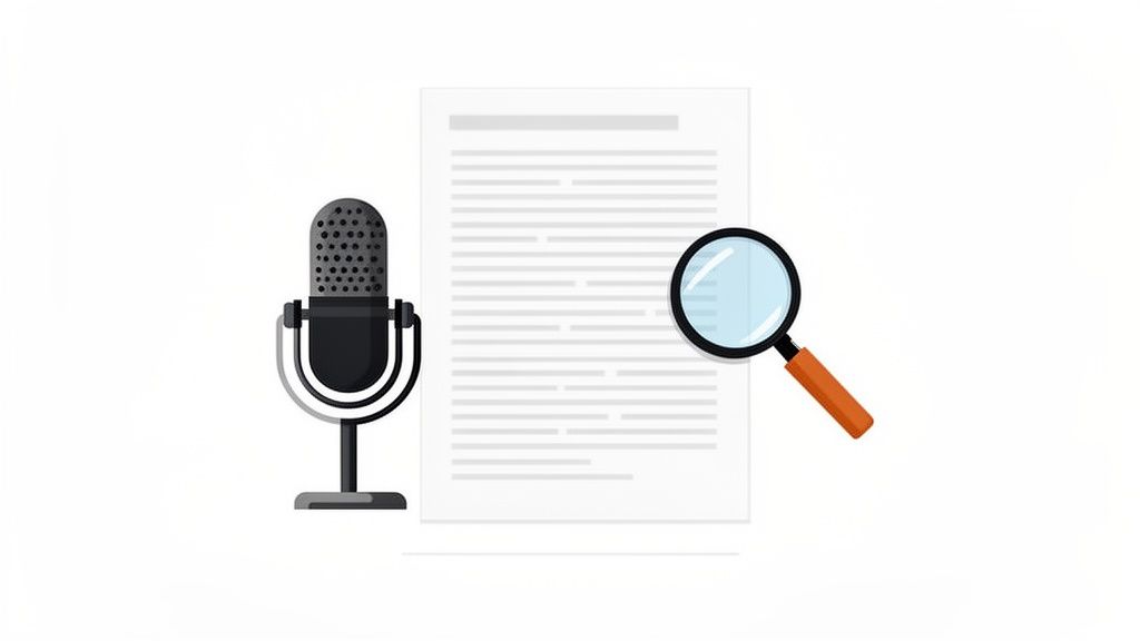 A retro microphone, a document with text, and a magnifying glass, symbolizing audio transcription and search.