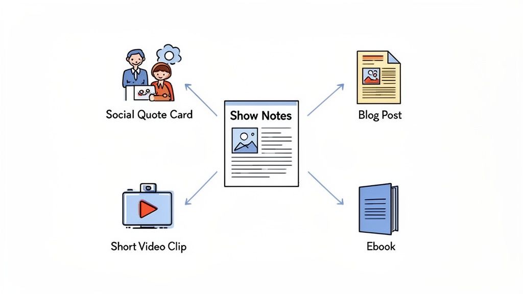 Visualizing content repurposing, from podcast show notes to blog posts, video, ebooks, and social cards.
