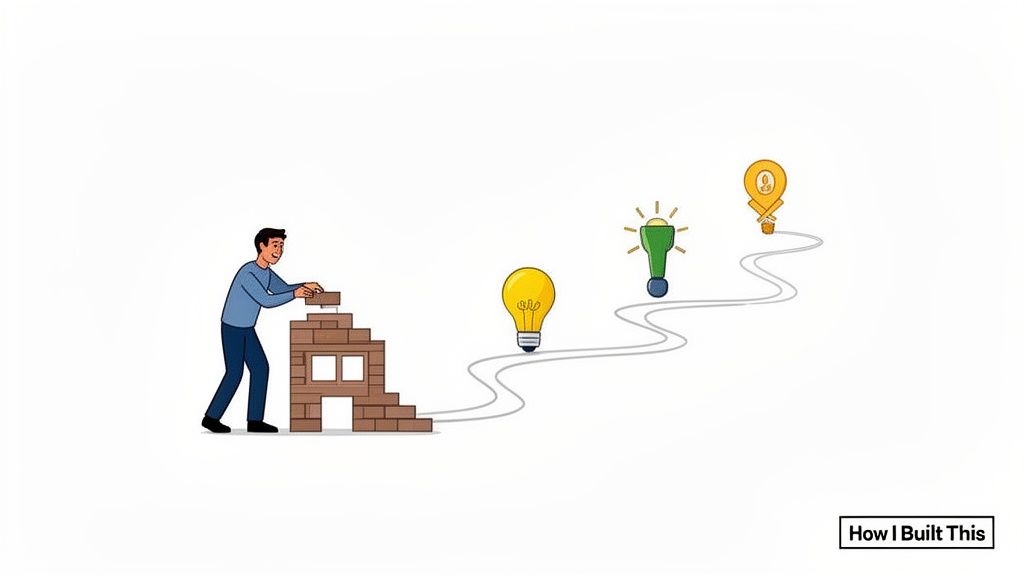 A person building a brick structure, leading to a path with three glowing idea lightbulbs.