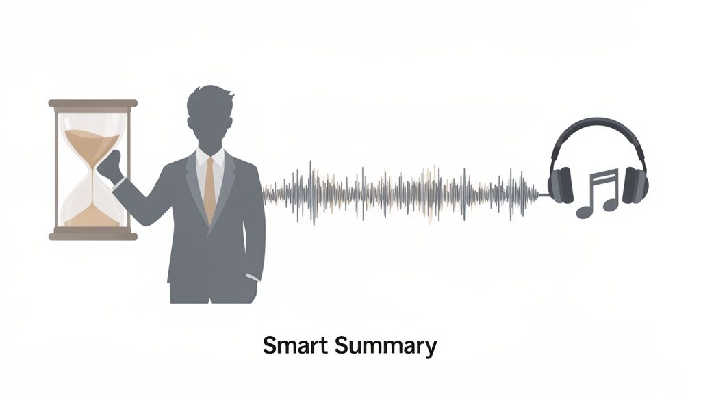 A man with an hourglass and sound waves leading to headphones, representing efficient audio summarization.