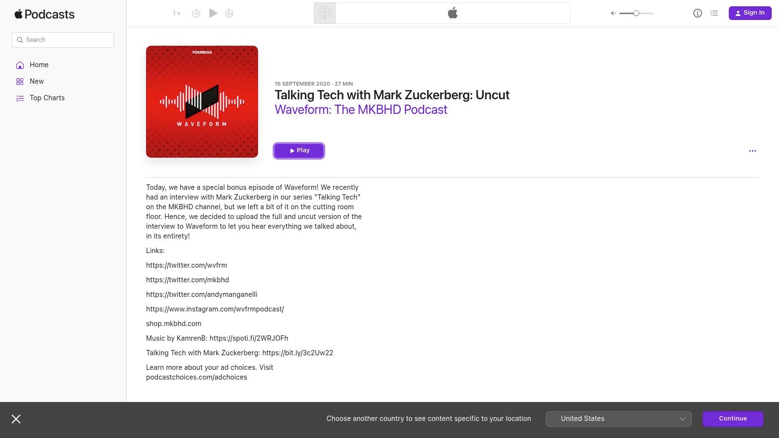 Waveform: The MKBHD Podcast — 'Talking Tech with Mark Zuckerberg: Uncut' (2020)