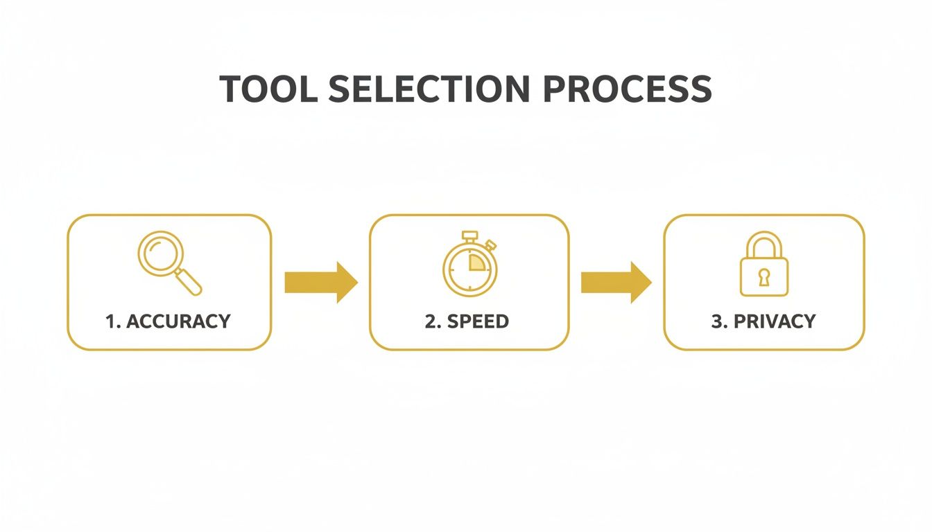 A diagram outlining a tool selection process: 1. Accuracy (magnifying glass), 2. Speed (stopwatch), 3. Privacy (padlock).