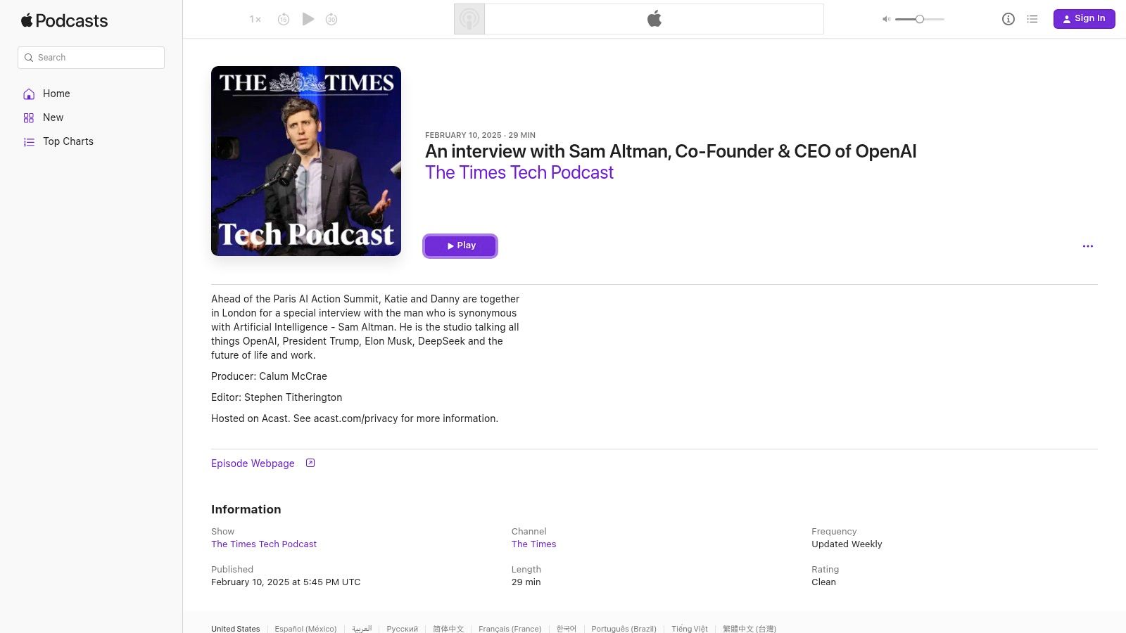 The Times Tech Podcast (The Times, UK), An interview with Sam Altman