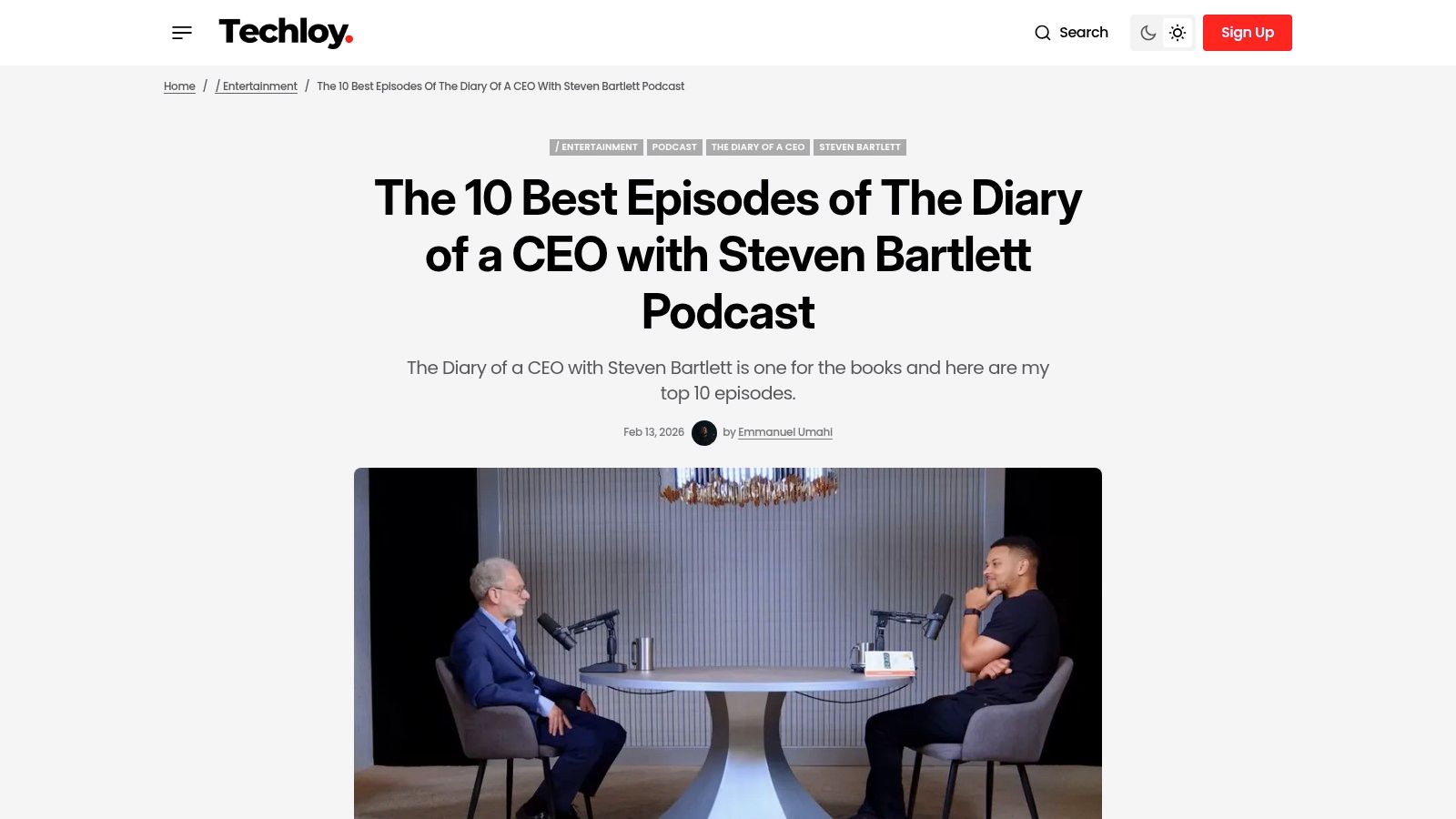 Techloy's roundup of the best Diary of a CEO episodes, showcasing a clean, mobile-friendly interface.