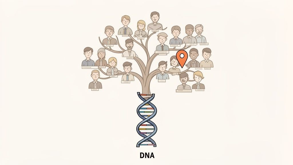 An illustration of a family tree with diverse cartoon people, rooted in a DNA helix, representing ancestry and genetics.