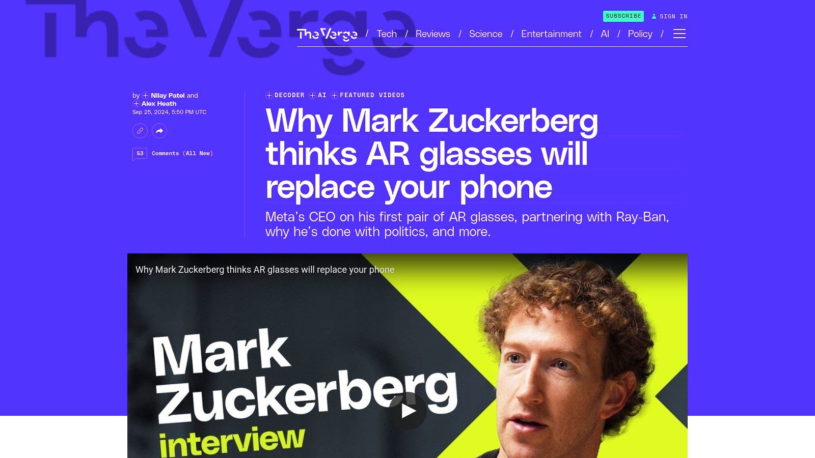 Decoder with Nilay Patel — 'Why Mark Zuckerberg wants to end the smartphone era' (Sept 25, 2024)