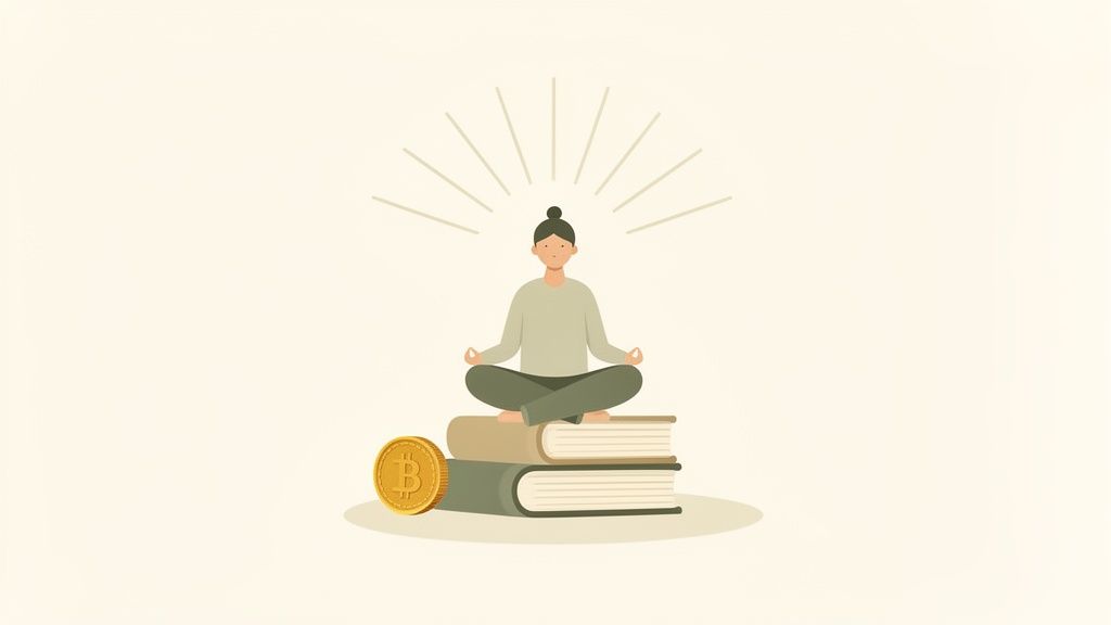 A person meditating on a stack of books with a Bitcoin coin, symbolizing financial wisdom.