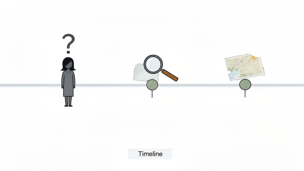A timeline depicting a woman with a question mark, followed by a magnifying glass over a map, and a detailed map.