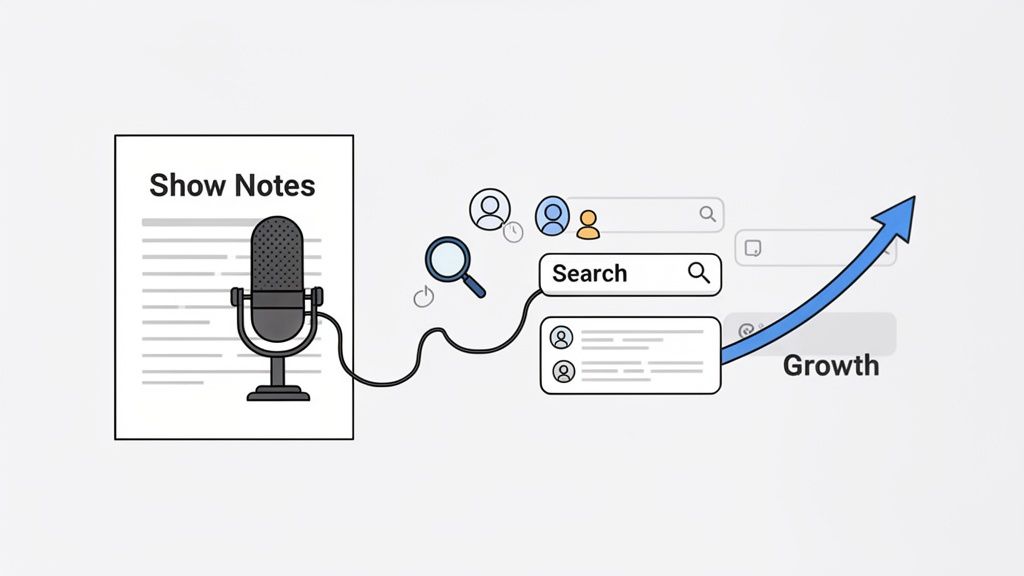 Diagram showing podcast show notes connected to search, users, and an arrow indicating growth.