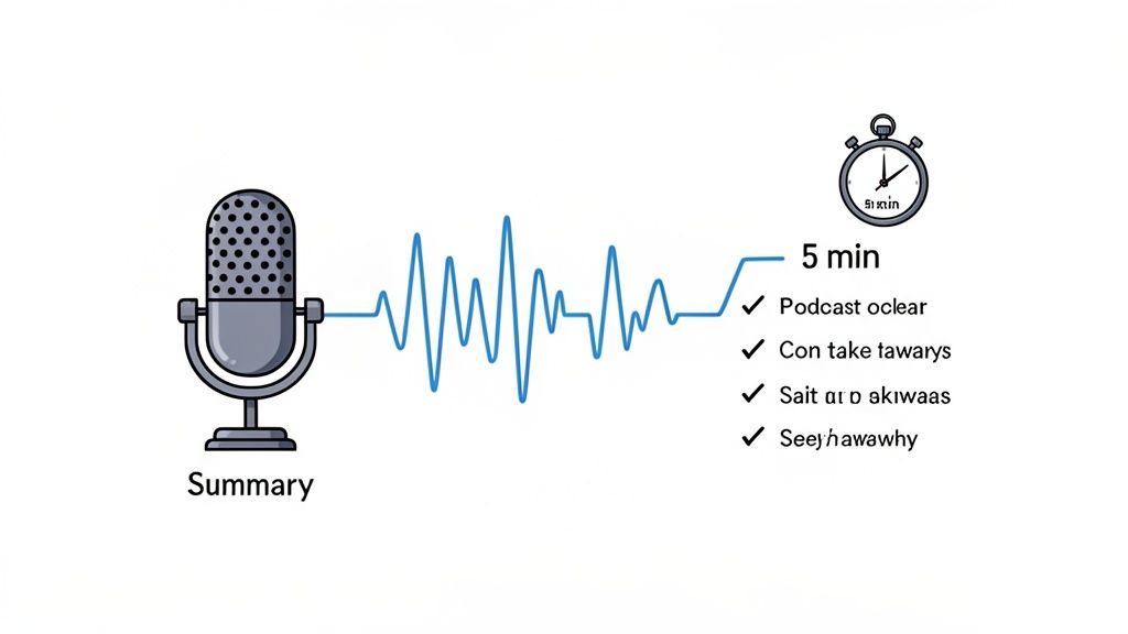Illustration of a microphone, sound wave, stopwatch for 5 minutes, and a checklist for an audio summary.