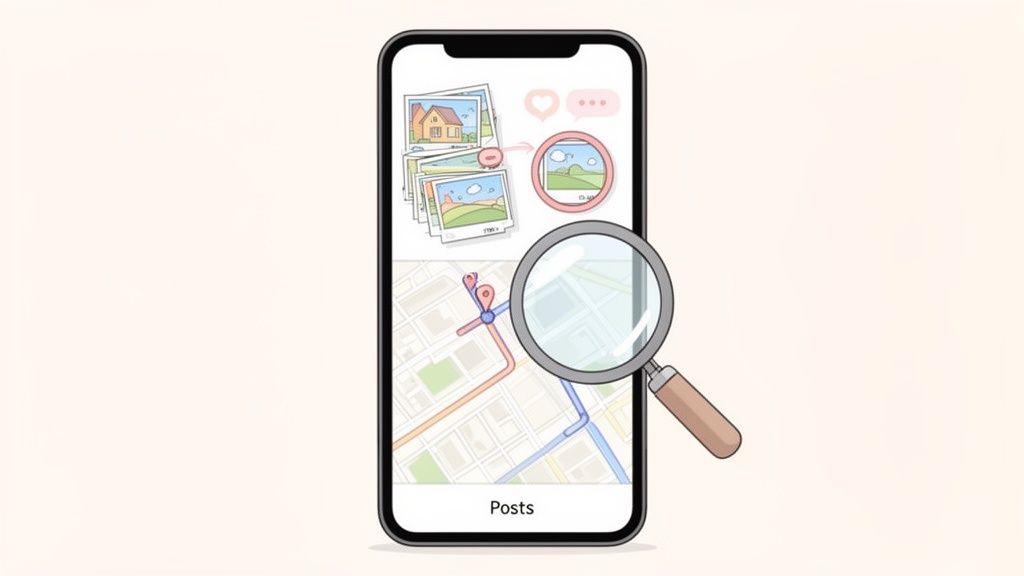 A smartphone screen displays a photo gallery, a map with routes, and a magnifying glass.