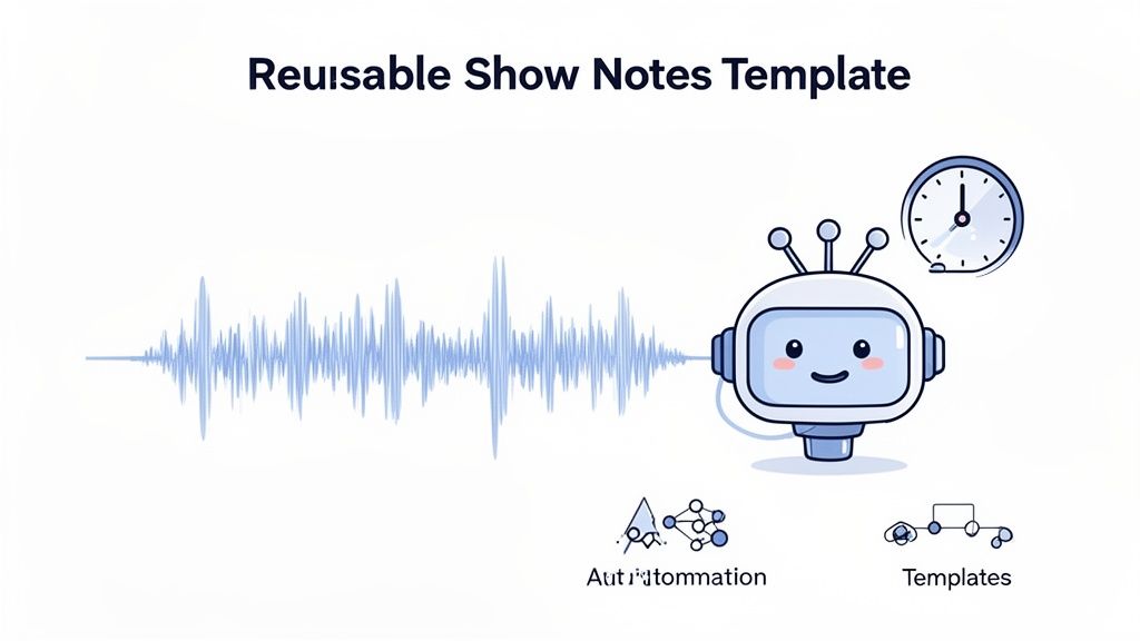 A cartoon robot processes an audio waveform to create reusable podcast show notes templates, emphasizing automation.