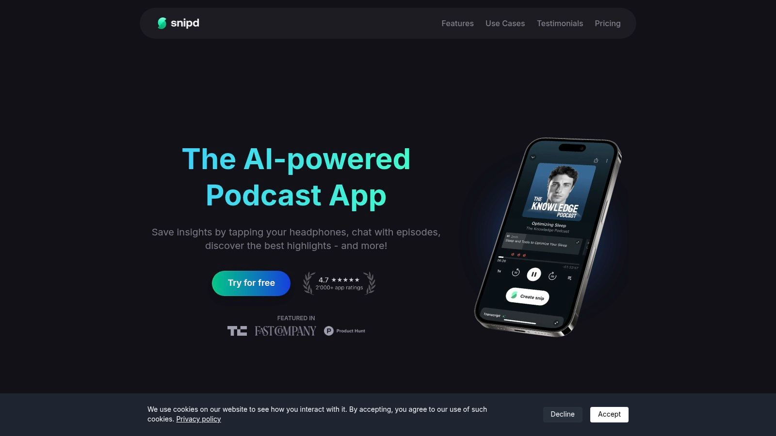 An image of the Snipd AI podcast player app, showing a podcast episode with an AI-generated summary and chapters.