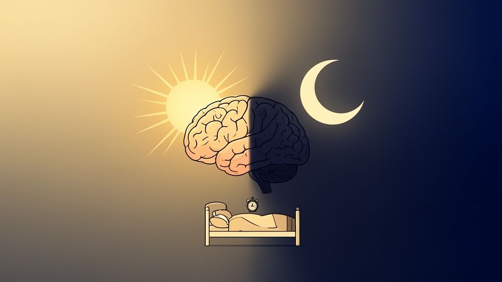 Illustration of a brain split, showing an active day side with a sun and a sleeping night side with a moon.