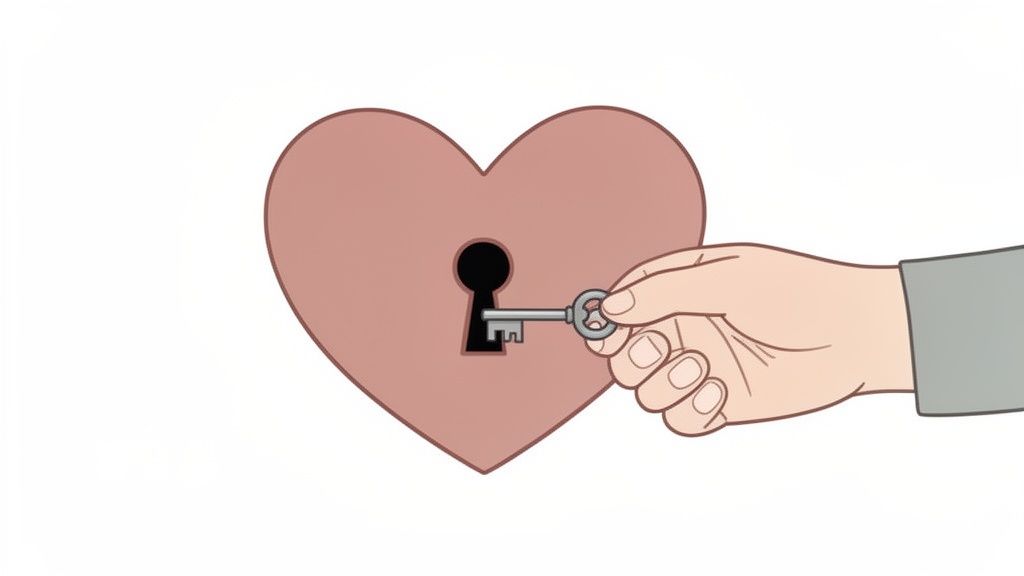 A hand holds a silver key, ready to unlock a keyhole in a pink heart.