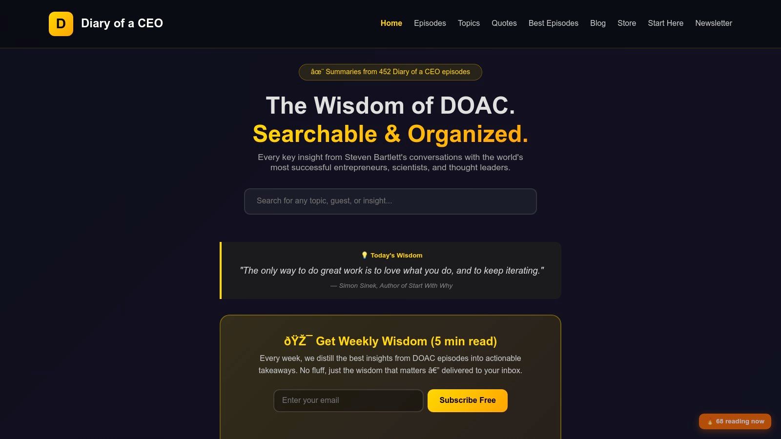 Homepage of DiaryOfCEO.online, showing a grid of episode cards with guest photos and titles.