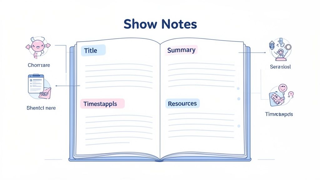 An open book showing 'Show Notes' with sections for title, summary, resources, and timestamps, surrounded by related icons.