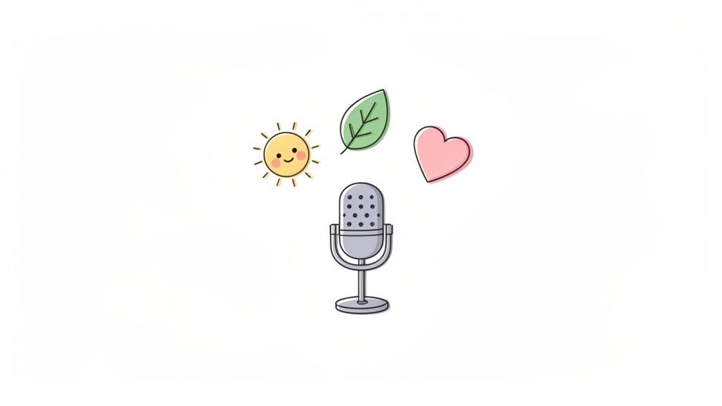 A cute illustration of a vintage microphone with a smiling sun, green leaf, and pink heart.