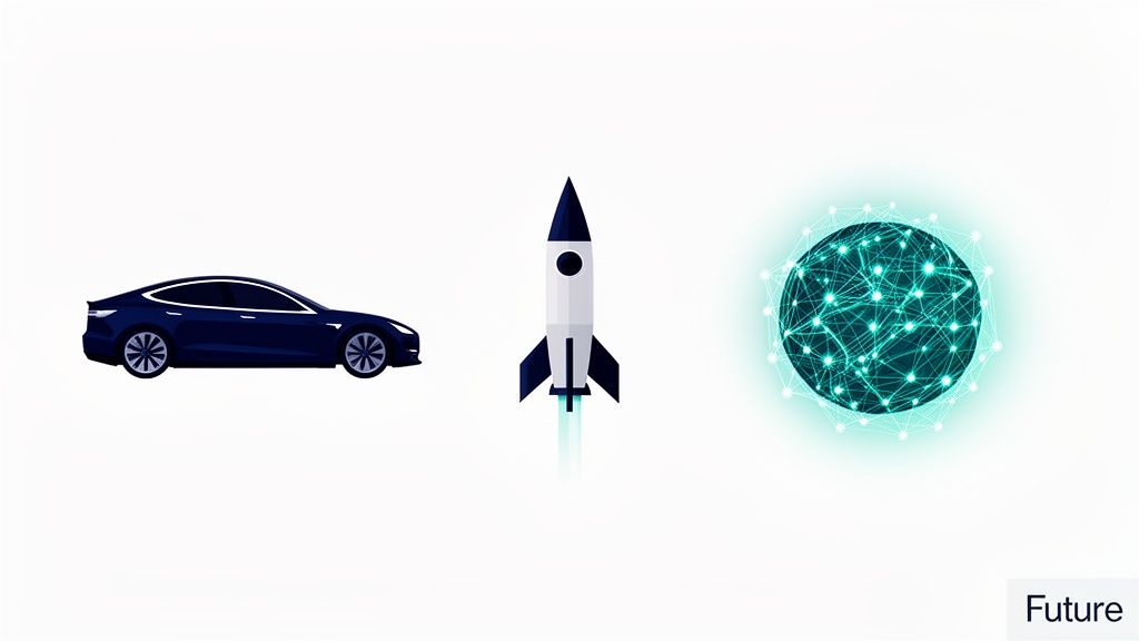 Futuristic illustration of a car, rocket, and glowing network globe representing technological progress.