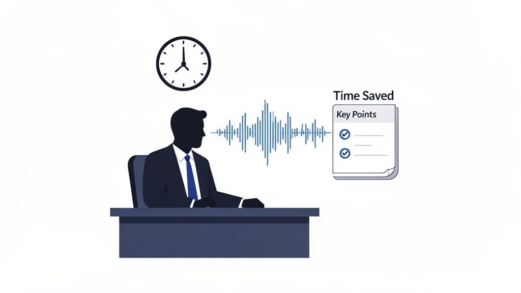 An illustration of a person speaking, converting audio into key points, saving time with efficient summarization.