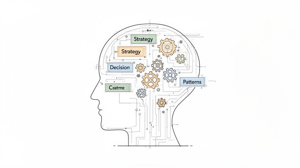 A human head outline filled with gears and text boxes like "Strategy," "Decision," and "Patterns," symbolizing complex thinking processes.
