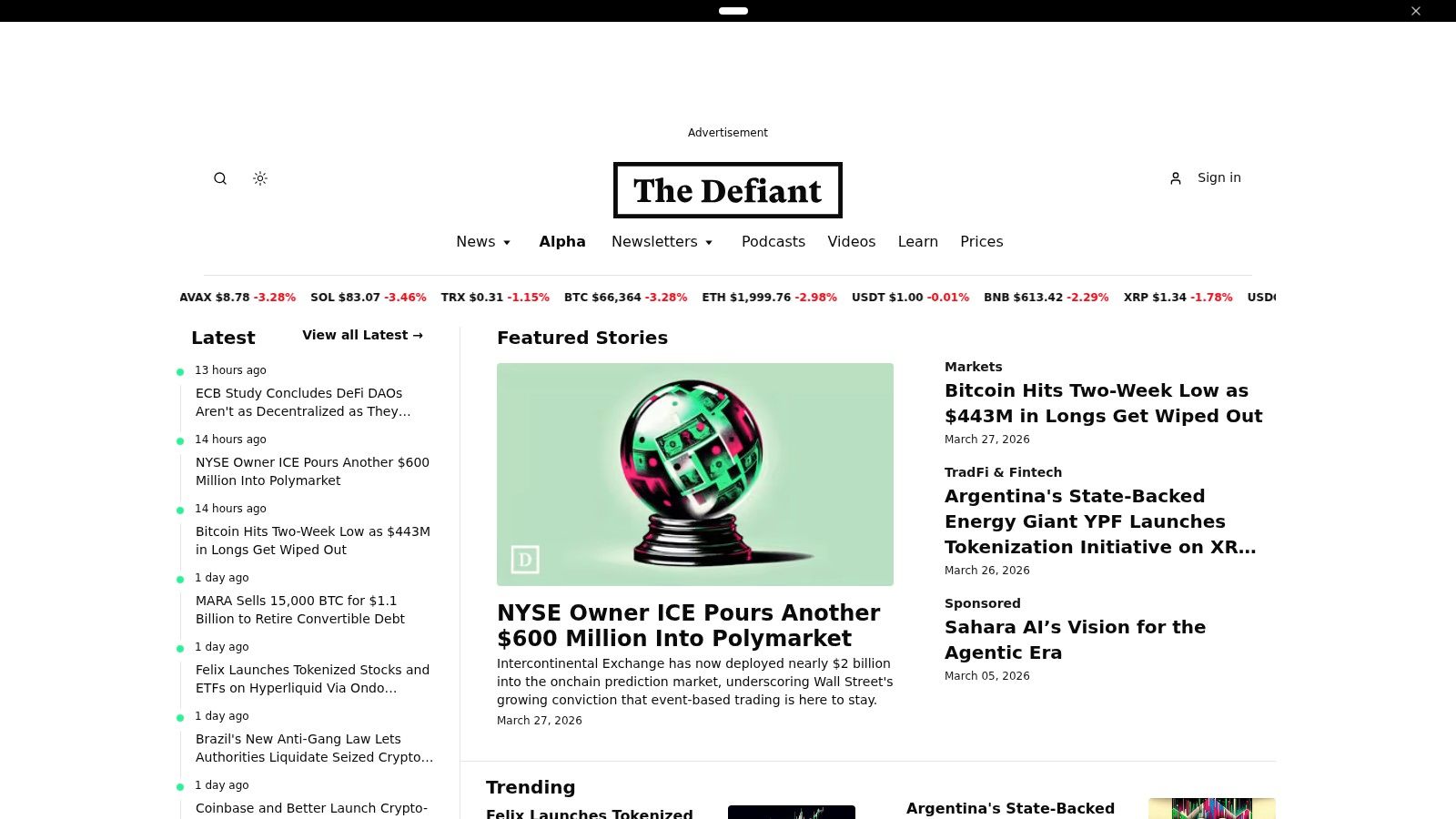 The Defiant channel interface showing videos on crypto news