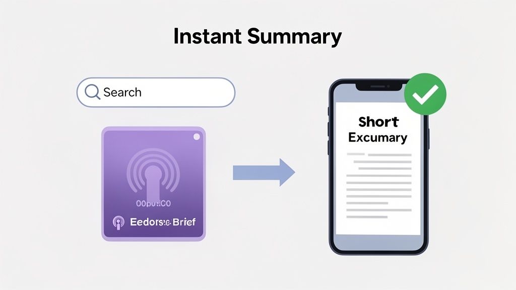 Illustration of a podcast content being searched and then instantly summarized on a smartphone.