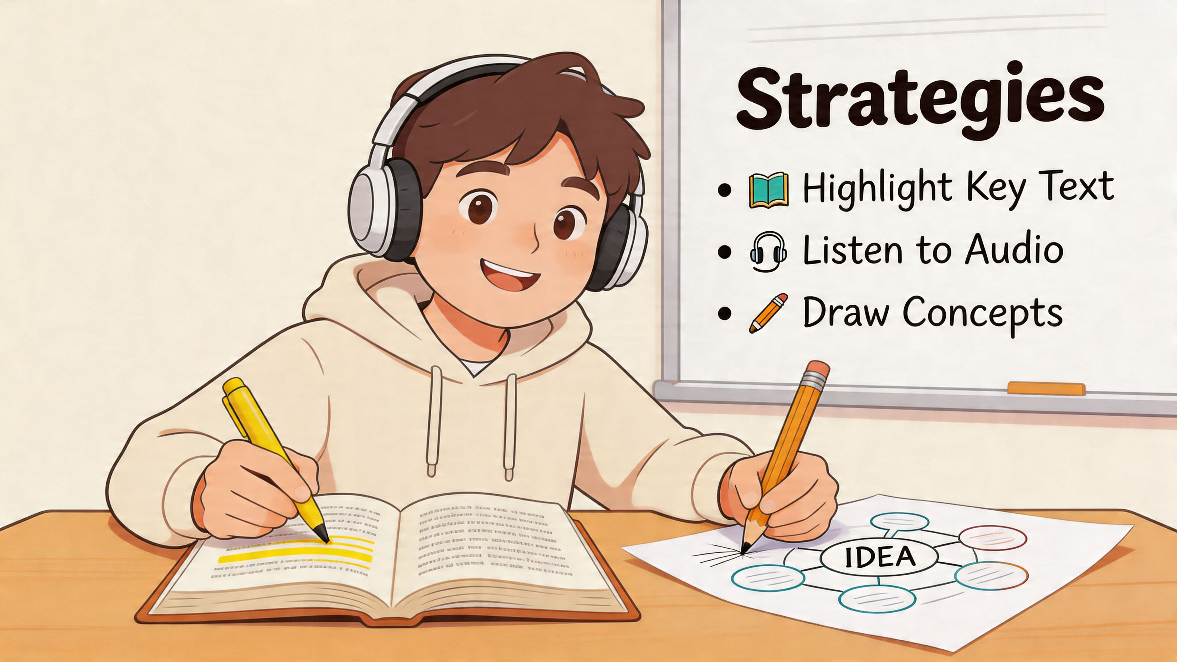 A happy student wearing headphones using highlighting, listening, and drawing strategies to study for their school work.