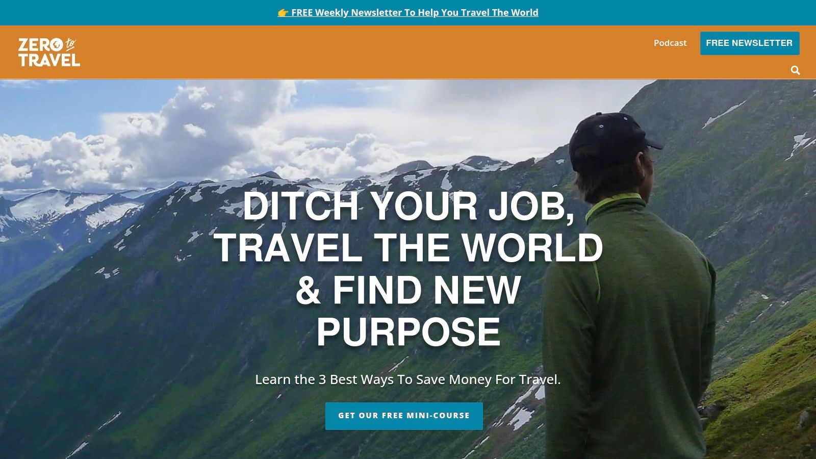 A person with a backpack looking out over a mountain range, representing adventure travel.