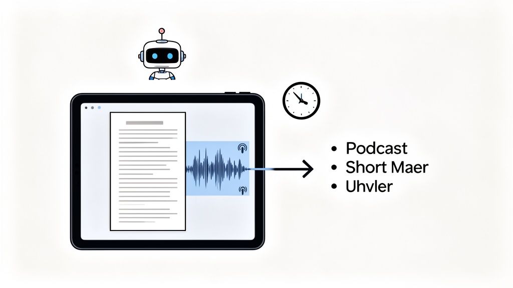 An illustration shows an AI robot converting text on a tablet into audio waveforms for efficient podcast creation.