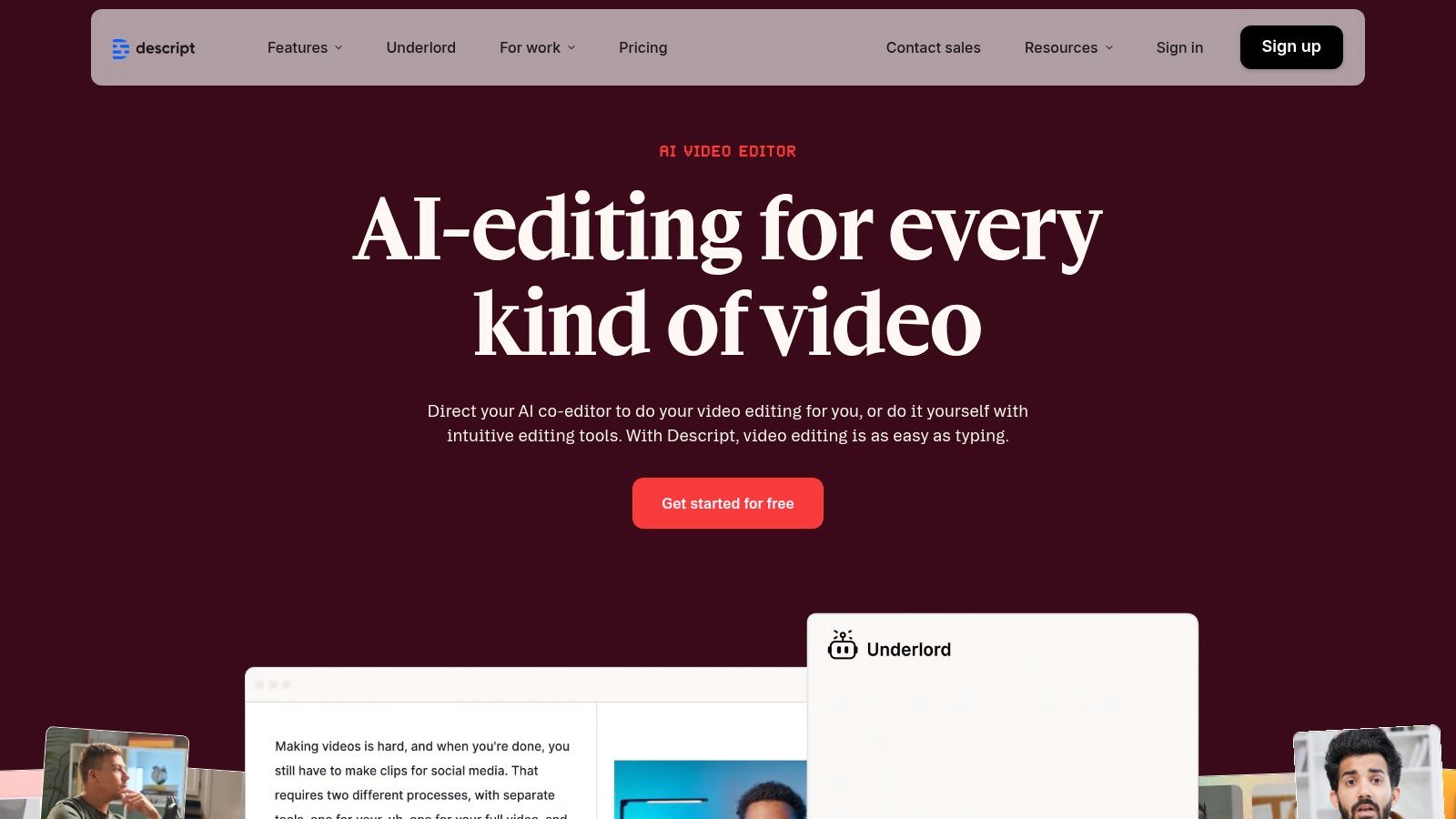 Descript's text-based editing interface, where audio is edited by manipulating the transcript.