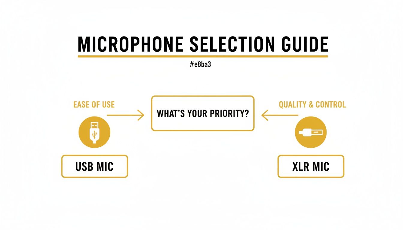 Infographic explaining microphone selection: USB for ease of use, XLR for quality and control.