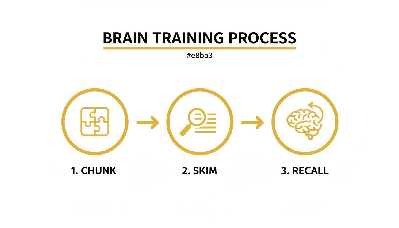 Infographic showing a brain training process with three steps: 1. Chunk (puzzle icon), 2. Skim (magnifying glass), 3. Recall (brain icon).