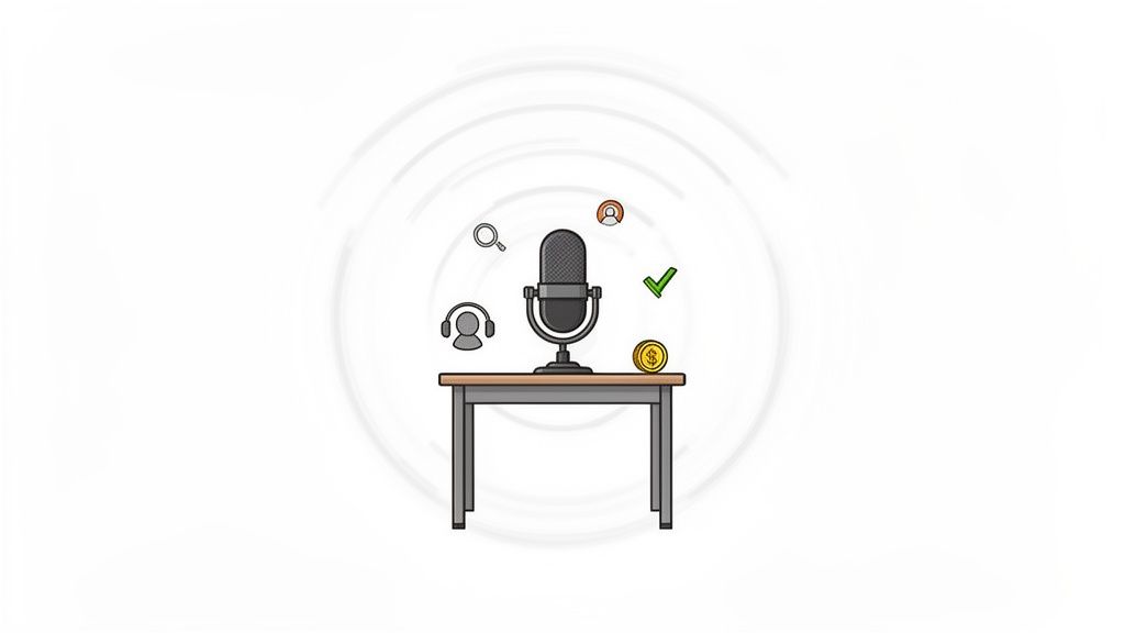 Illustration of a podcast microphone on a table, surrounded by icons representing research, audience, and monetization.
