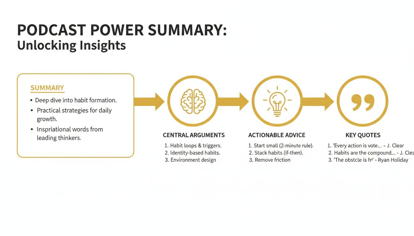 Infographic summarizing podcast insights on habit formation, daily growth strategies, central arguments, actionable advice, and key quotes.