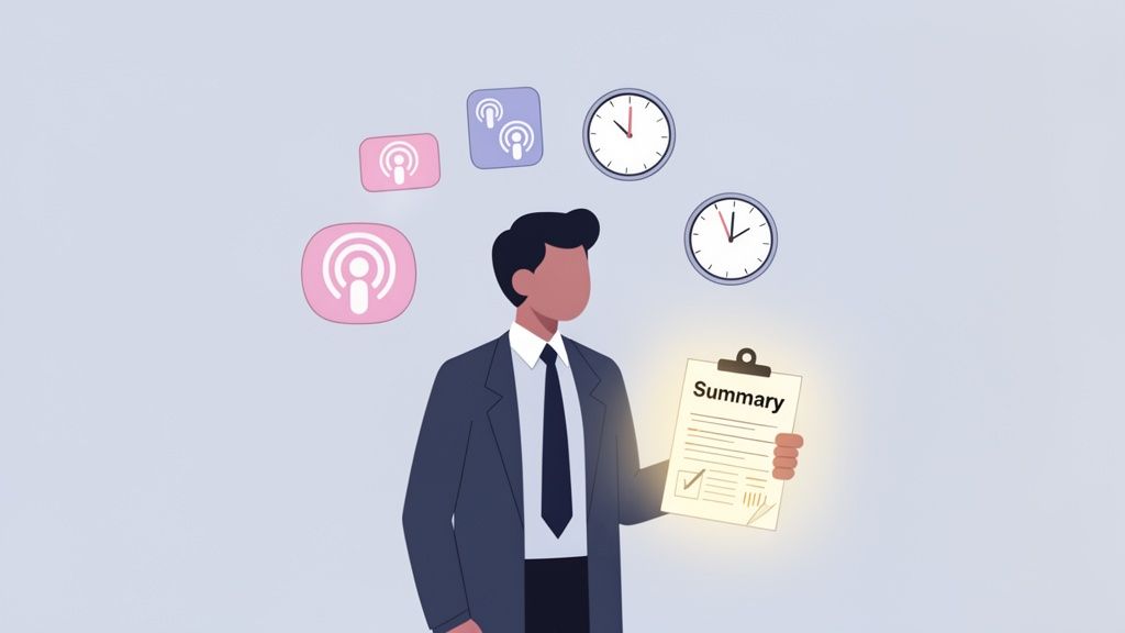 Businessman summarizing podcasts to save time, with clocks and podcast symbols.