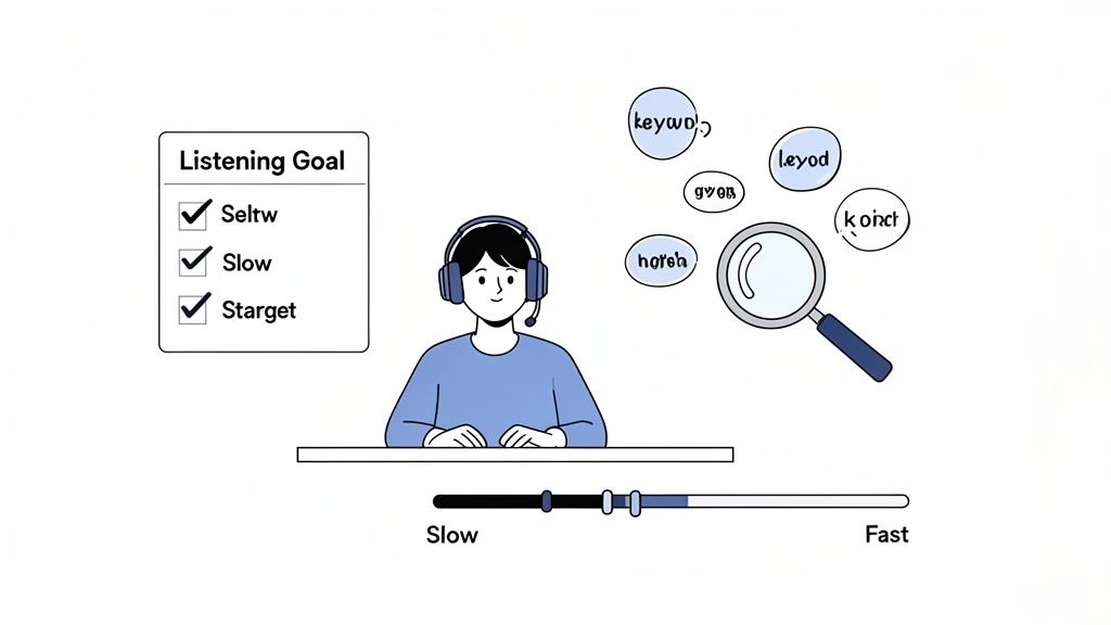 An illustration of a person listening with headphones, a checklist of goals, keywords, and a speed adjustment slider.