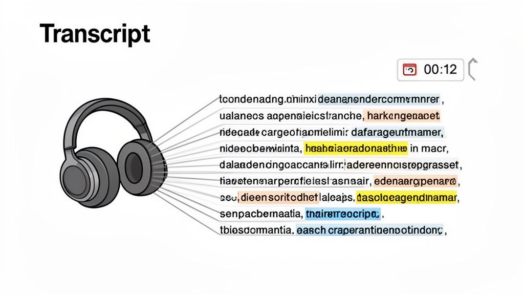A visual representation of an audio transcript with headphones, highlighting words at the 0:12 mark.