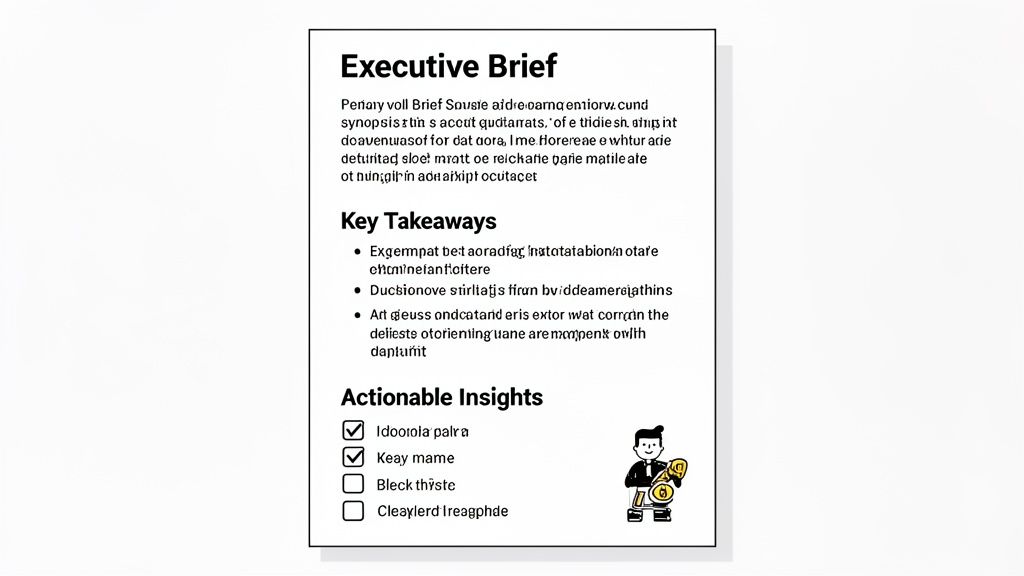 An Executive Brief document showing key takeaways and actionable insights, featuring a cartoon business character with a key.