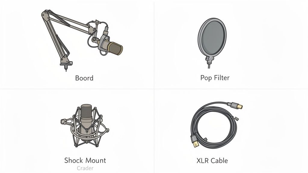 Illustration of podcast recording equipment including a boom arm, pop filter, shock mount, and XLR cable.