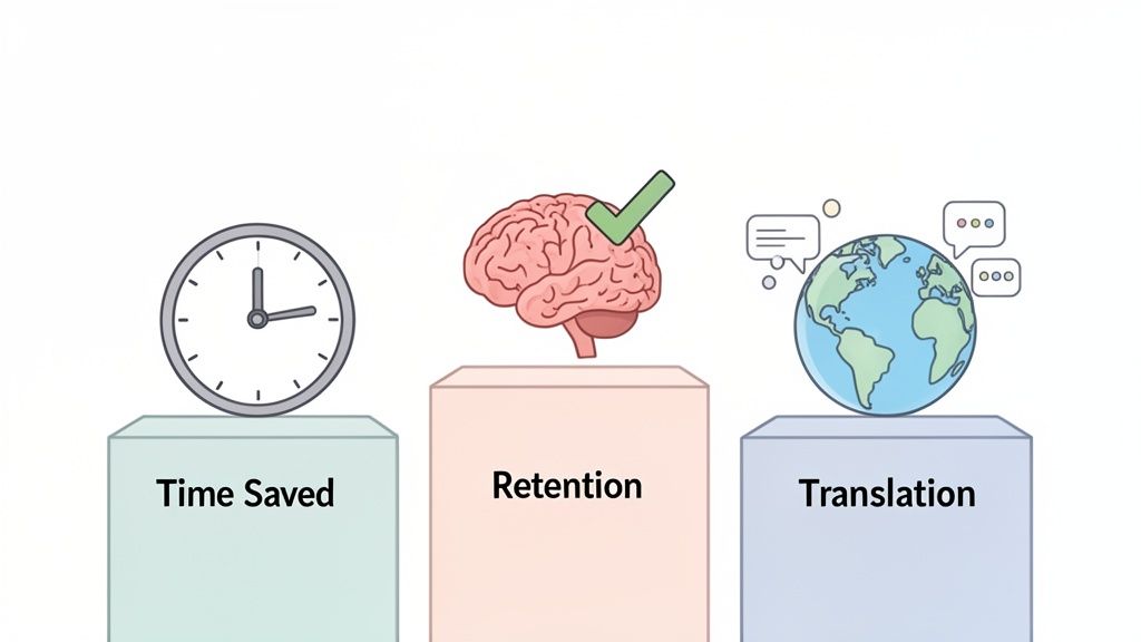 Icons representing time saved, retention, and translation on pedestals illustrate key benefits.