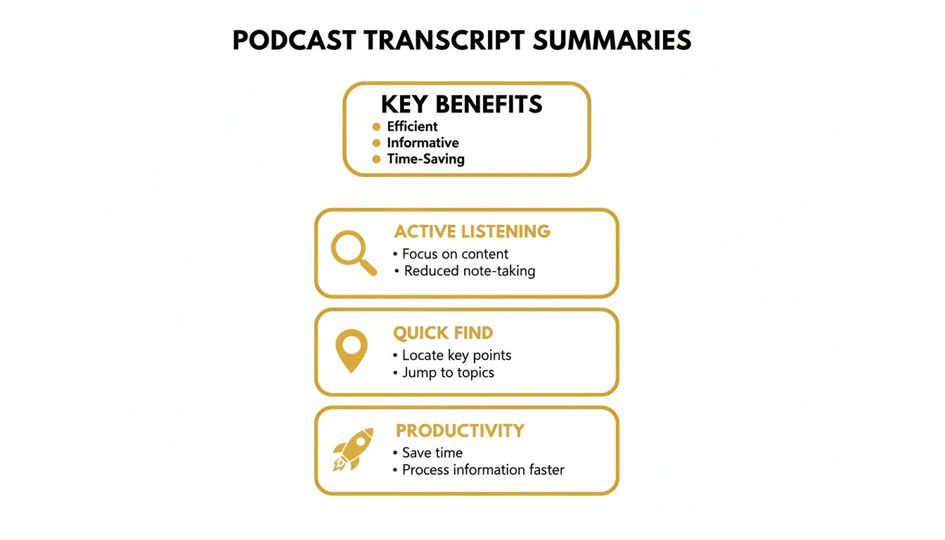 Infographic listing key benefits and features of podcast transcript summaries for improved listening.