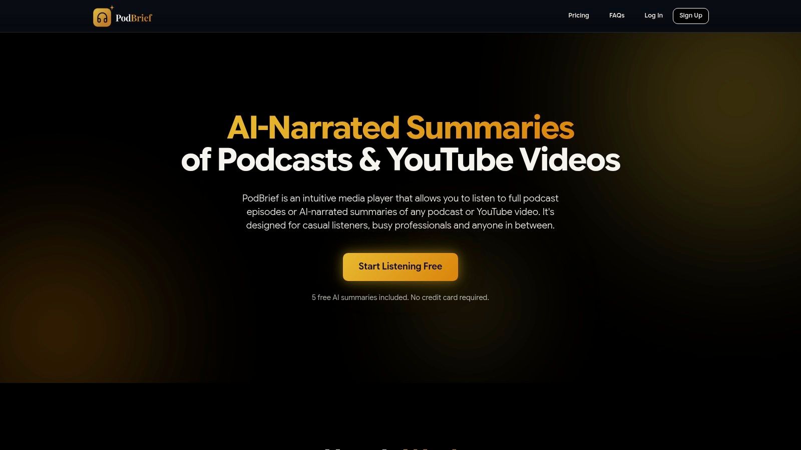 PodBrief homepage showing its AI summary feature for podcasts