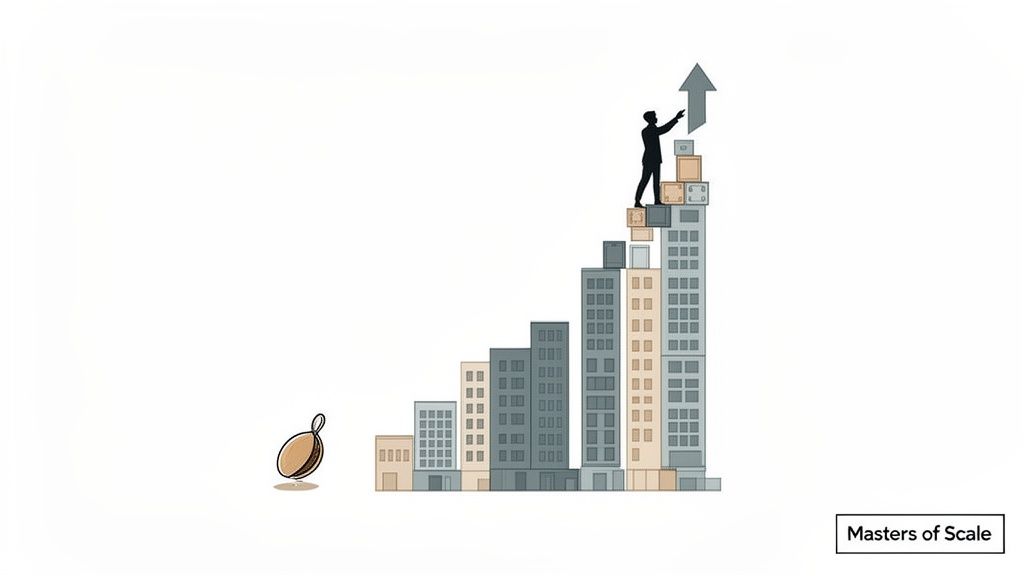 Illustration of business growth and scaling, with a businessman on a rising stack of buildings pointing up.