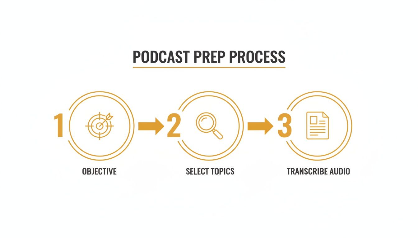 Infographic detailing a three-step podcast prep process: setting objectives, selecting topics, and transcribing audio.