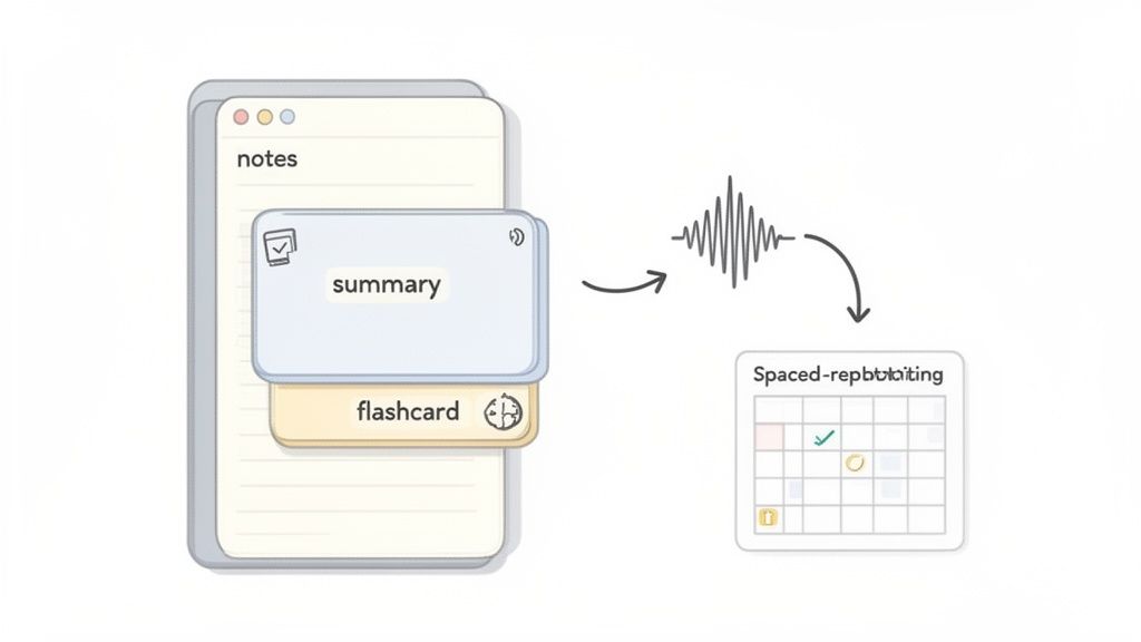 A visual workflow showing notes and audio converted to flashcards and organized for spaced repetition.