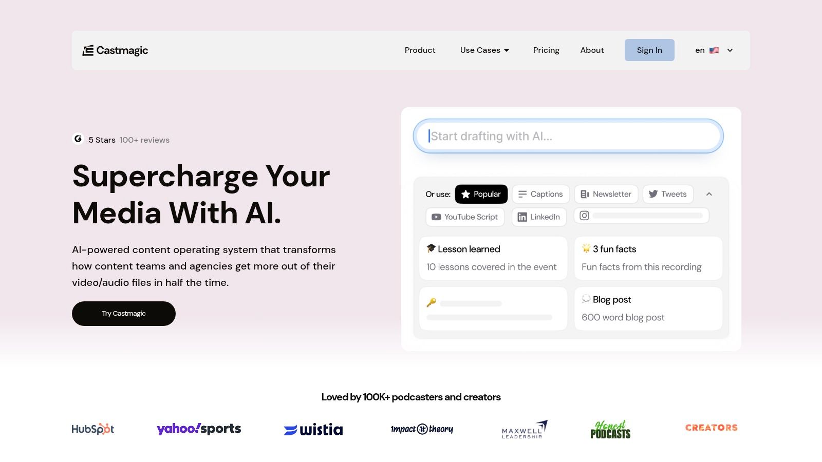 Castmagic's AI content generation interface showing multiple content outputs from a single audio file.