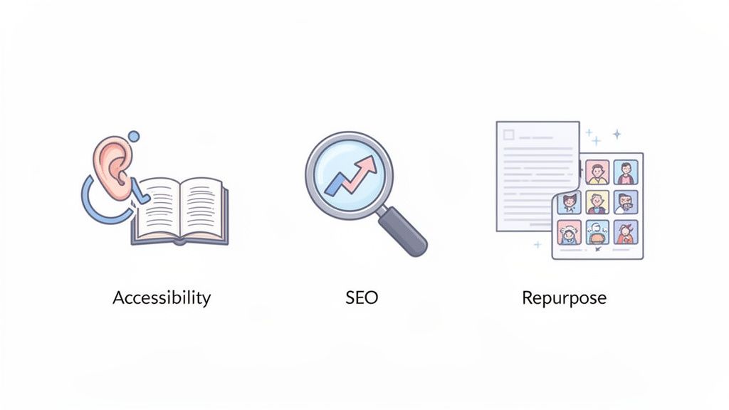 Three icons illustrating digital content strategies: accessibility, SEO, and content repurposing with examples.
